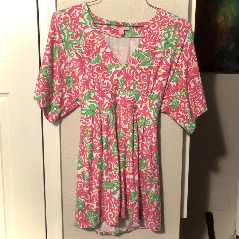 Lilly Pulitzer Womens Dress XS V-Neck Pink Tie-Waist Crab Octopus Money Tunic